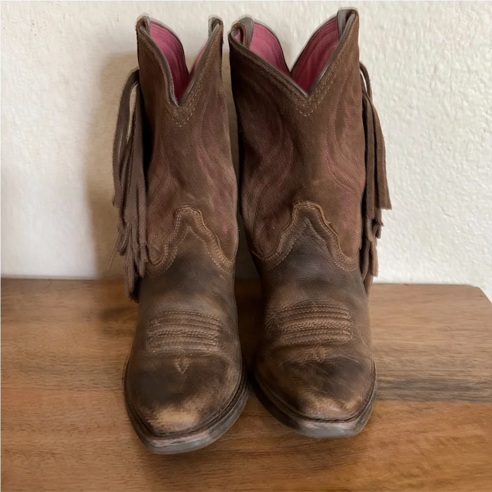 Ariat Brown Leather  Fringe Western Ankle Boots Size 12.5